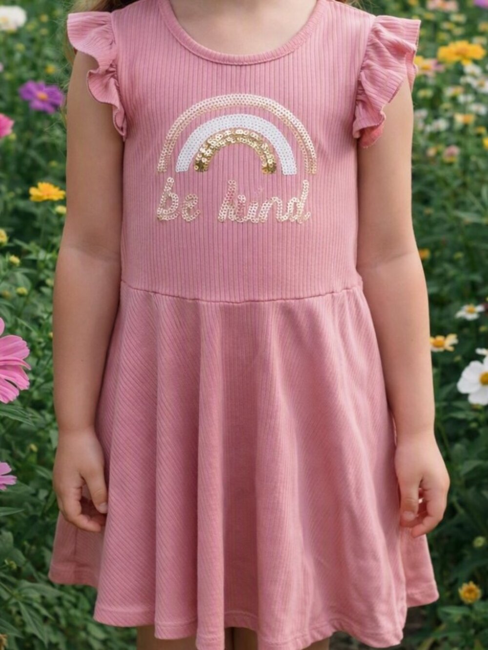 Young Hearts Girls Pink Ribbed Dress Sequin Rainbow Be Kind Ruffle Size 6X